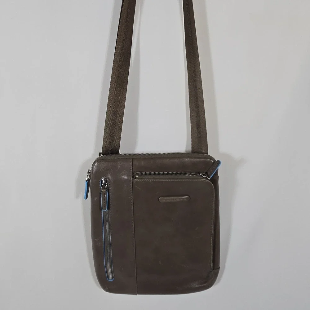 Piquadro Italian Leather Crossbody Organizer Bag Gray Blue Men's Travel EDC 11x9